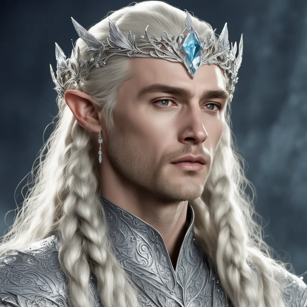 king thranduil with blonde hair and braids wearing silver holly encrusted with diamonds and large diamond clusters forming a silver elvish circlet with large center diamond