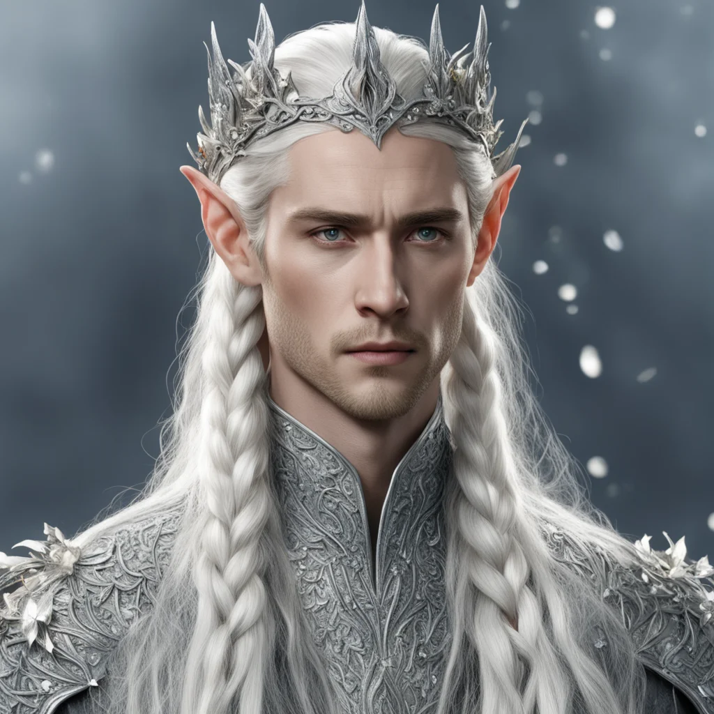 king thranduil with blonde hair and braids wearing silver holly leaf encrusted with diamonds with clusters of diamond berries forming a silver elvish serpentine circlet with large center diamond con