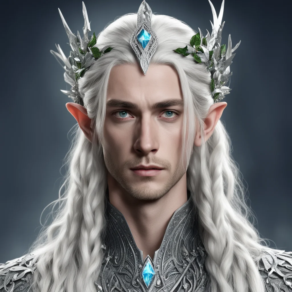 king thranduil with blonde hair and braids wearing silver holly leaves encrusted with diamonds with clusters of diamonds forming a silver elvish serpentine circlet with large center diamond amazing 