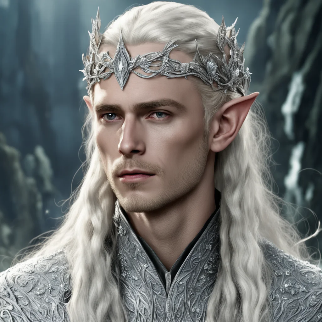 king thranduil with blonde hair and braids wearing silver holly leaves encrusted with diamonds with clusters of diamonds forming a silver elvish serpentine circlet with large center diamond