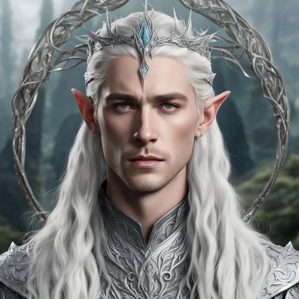 aiking thranduil with blonde hair and braids wearing silver ivy encrusted with diamonds to form a silver elvish circlet with large center circular diamond  confident engaging wow artstation art 3