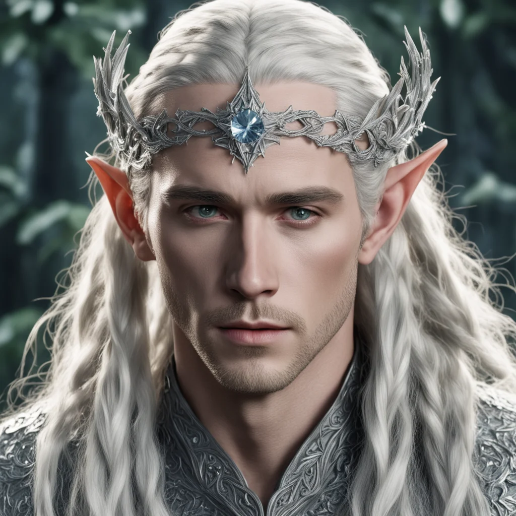 aiking thranduil with blonde hair and braids wearing silver ivy encrusted with diamonds to form a silver elvish circlet with large center circular diamond  good looking trending fantastic 1