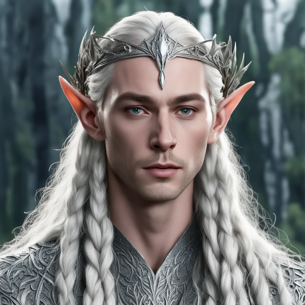 king thranduil with blonde hair and braids wearing silver ivy encrusted with diamonds to form a silver elvish circlet with large center circular diamond 