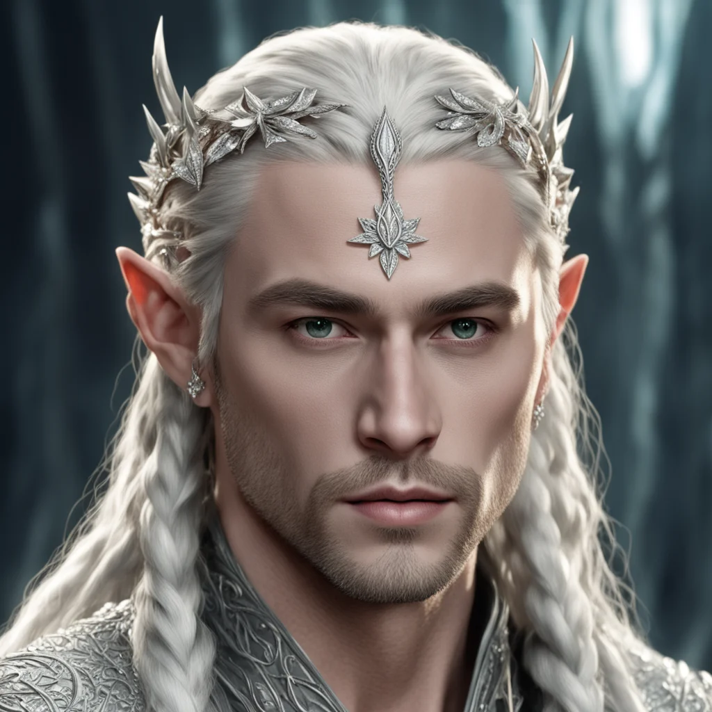 king thranduil with blonde hair and braids wearing silver laurel leaf encrusted with diamonds with clusters of large diamonds forming a silver serpentine elvish circlet with large center diamond con