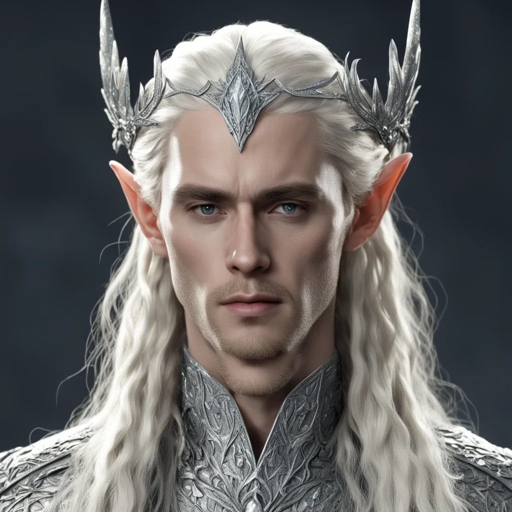 king thranduil with blonde hair and braids wearing silver laurel leaf encrusted with diamonds with clusters of large diamonds forming a silver serpentine elvish circlet with large center diamond goo