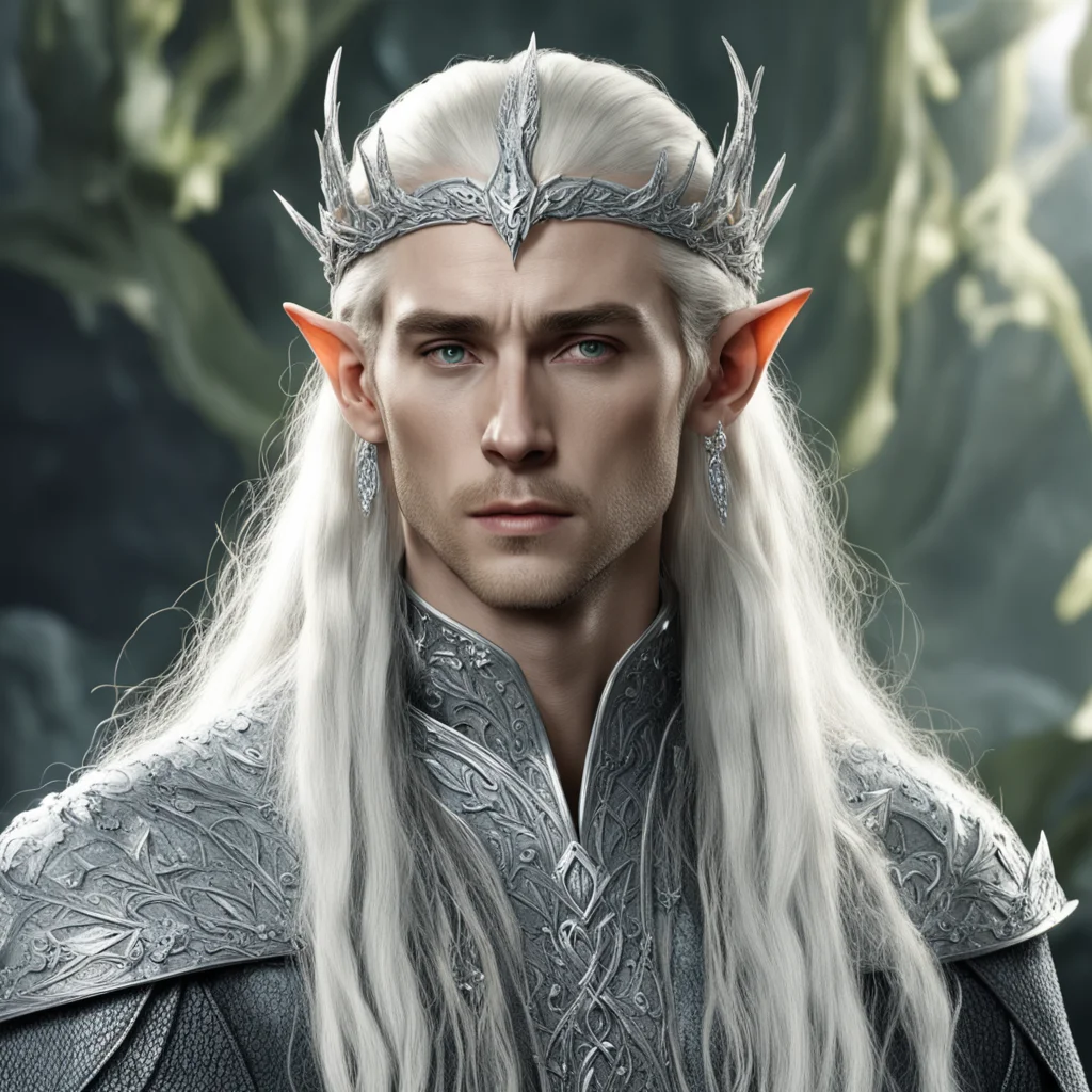 king thranduil with blonde hair and braids wearing silver laurel leaf encrusted with diamonds with clusters of large diamonds forming a silver serpentine elvish circlet with large center diamond.web