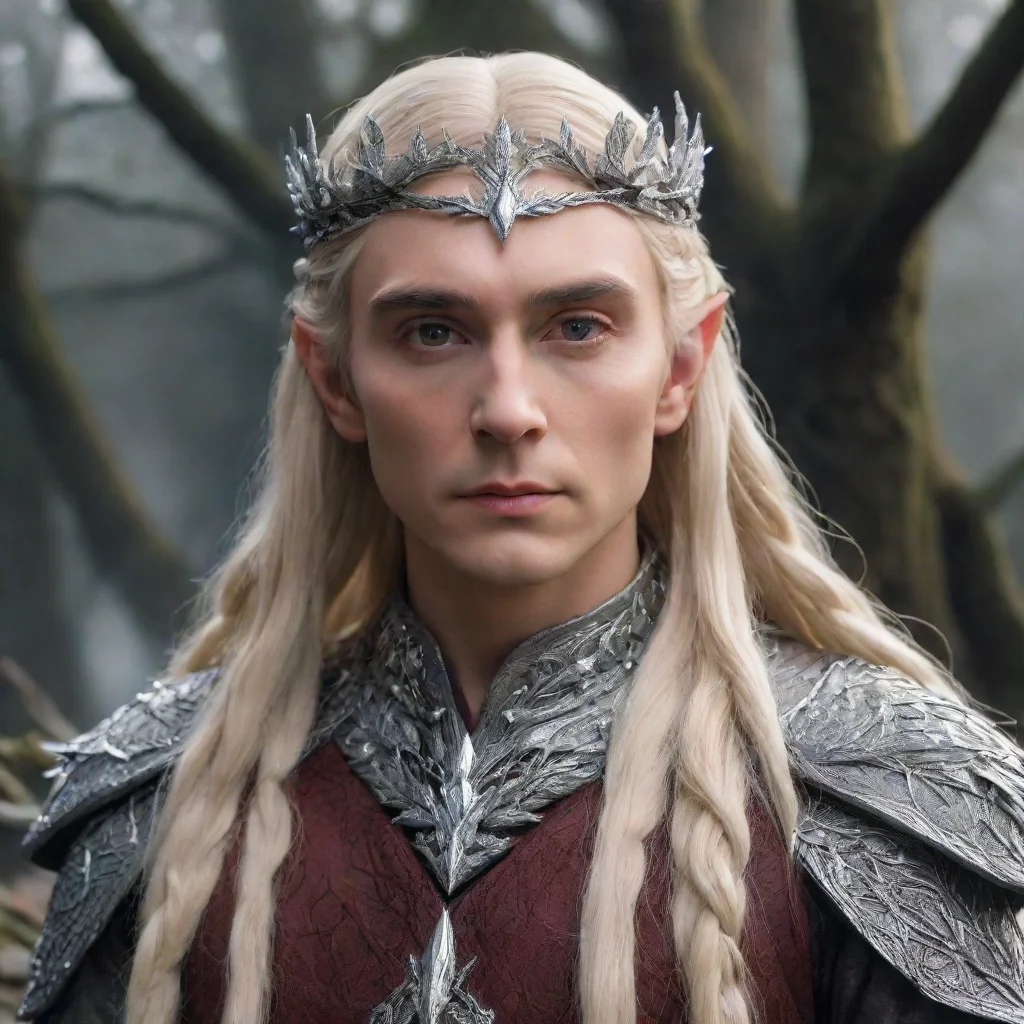 king thranduil with blonde hair and braids wearing silver oak leaves encrusted with diamonds to form a silver sindarin elvish circlet encrusted with diamonds with large center diamond