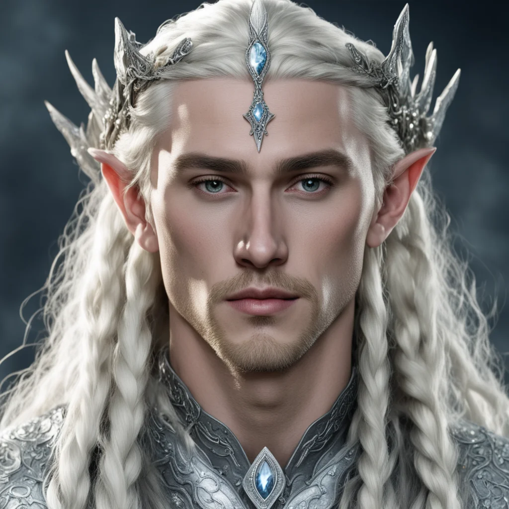 king thranduil with blonde hair and braids wearing silver roses encrusted with diamonds forming a silver serpentine elvish circlet encrusted with diamonds with large center diamond good looking tren