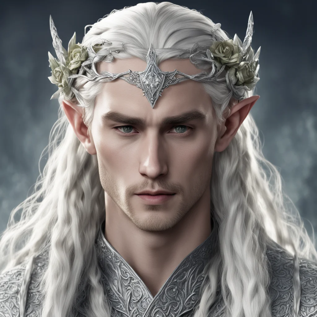aiking thranduil with blonde hair and braids wearing silver roses encrusted with diamonds forming a silver serpentine elvish circlet encrusted with diamonds with large center diamond
