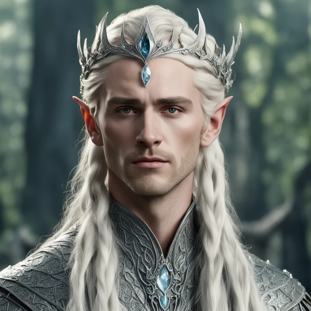 king thranduil with blonde hair and braids wearing silver serpentine elvish circlet encrusted with diamonds with large center diamond amazing awesome portrait 2