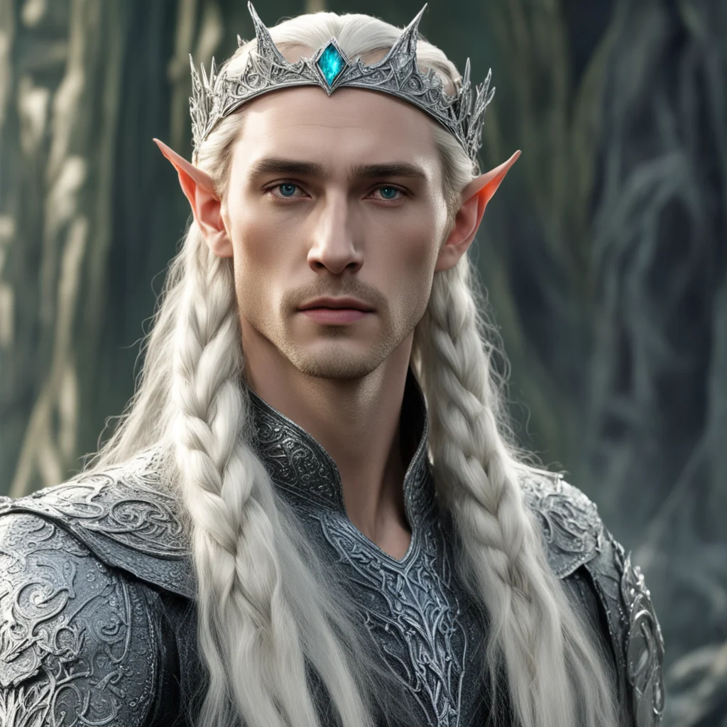 aiking thranduil with blonde hair and braids wearing silver serpentine elvish circlet encrusted with diamonds with large center diamond good looking trending fantastic 1