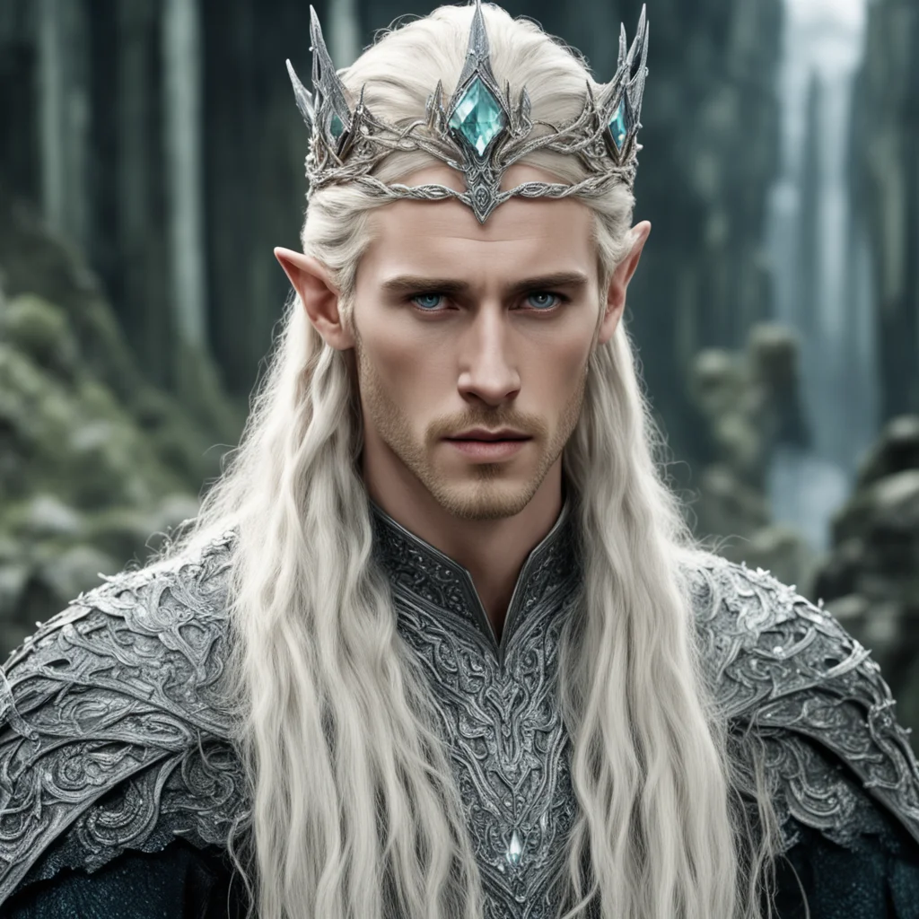 aiking thranduil with blonde hair and braids wearing silver serpentine elvish circlet heavily encrusted with diamonds with large center diamond  good looking trending fantastic 1