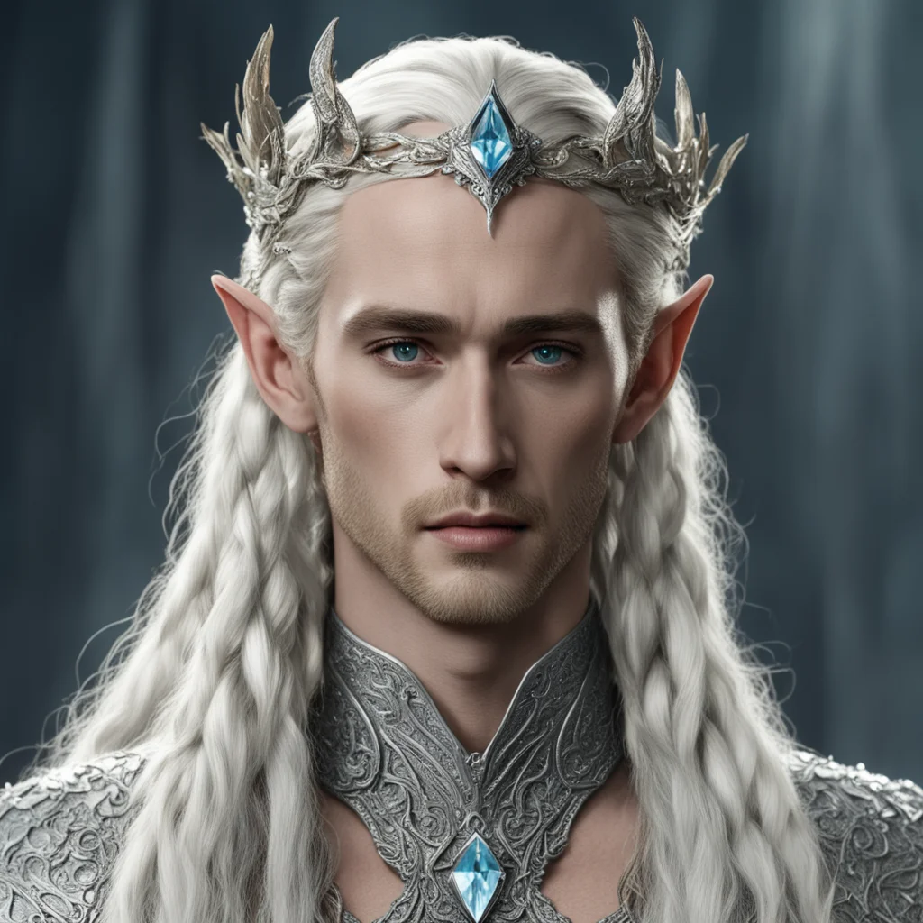 aiking thranduil with blonde hair and braids wearing silver serpentine elvish circlet heavily encrusted with diamonds with large center diamond 