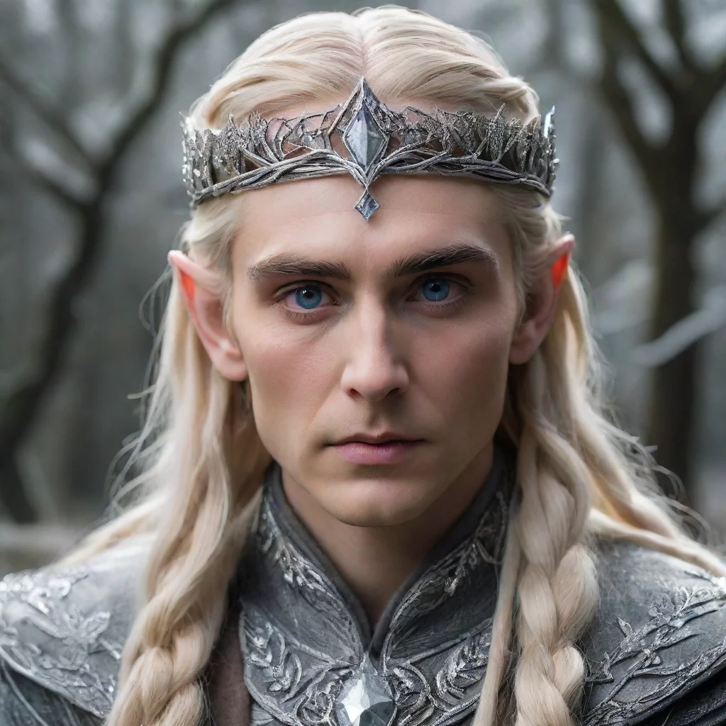king thranduil with blonde hair and braids wearing silver twig and silver leaf encrusted with diamonds to form a silver elvish circlet with large center diamond 