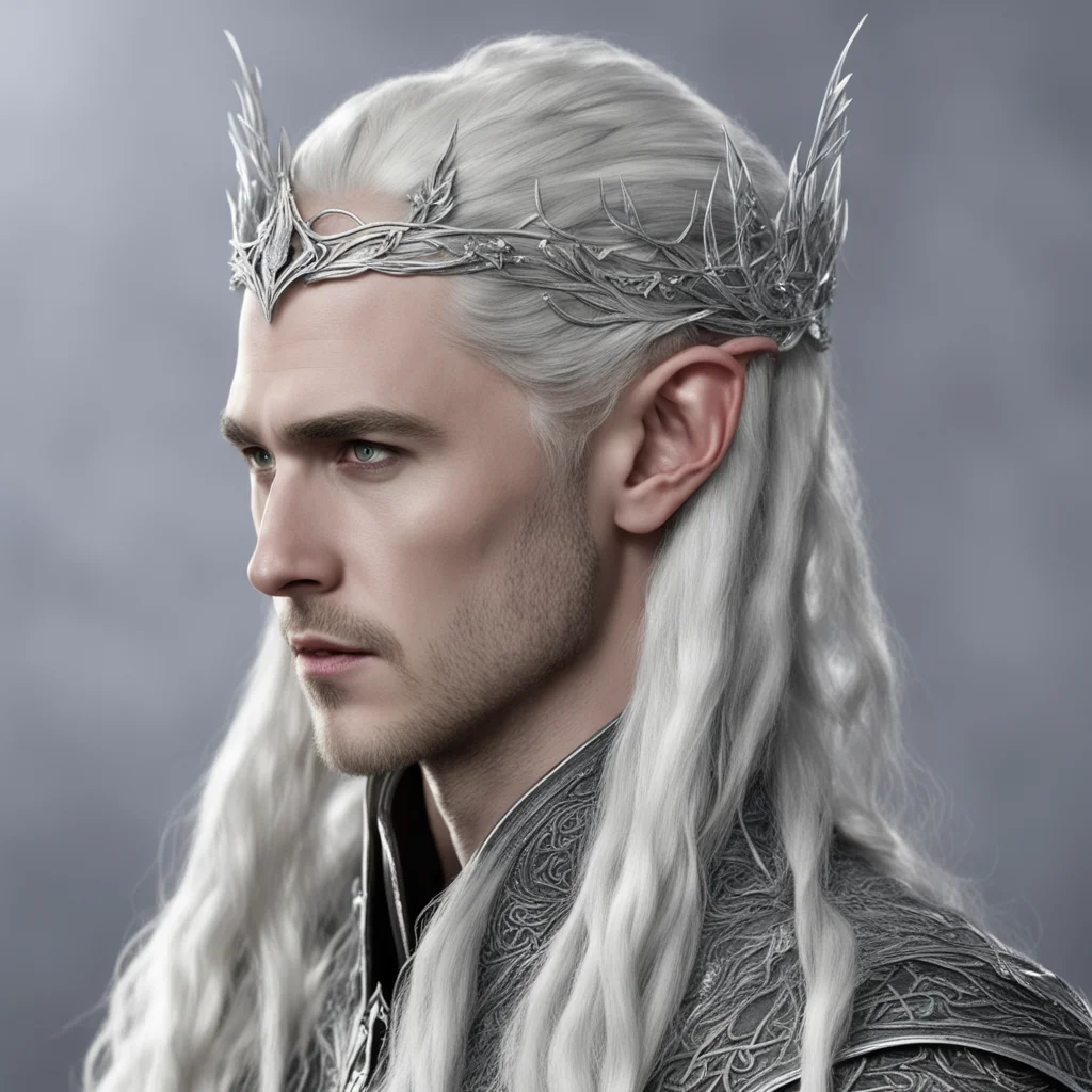 aiking thranduil with braids wearing silver leaf elven circlet with diamonds good looking trending fantastic 1