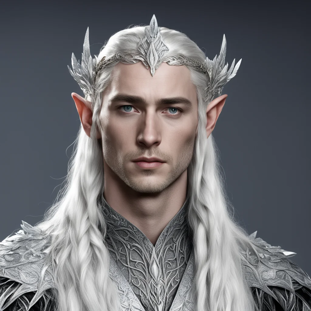 king thranduil with braids wearing silver leaf elven circlet with diamonds