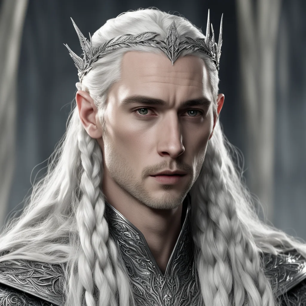 aiking thranduil with braids wearing small silver leaf circlet with diamonds confident engaging wow artstation art 3