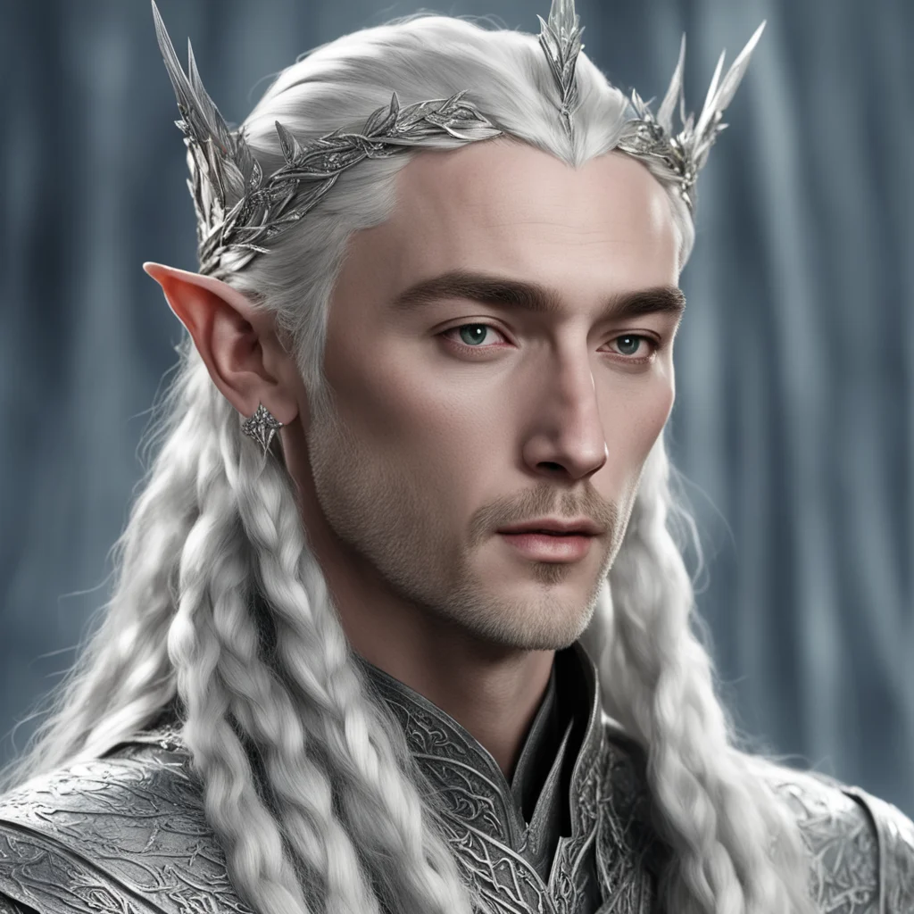 aiking thranduil with braids wearing small silver leaf circlet with diamonds good looking trending fantastic 1