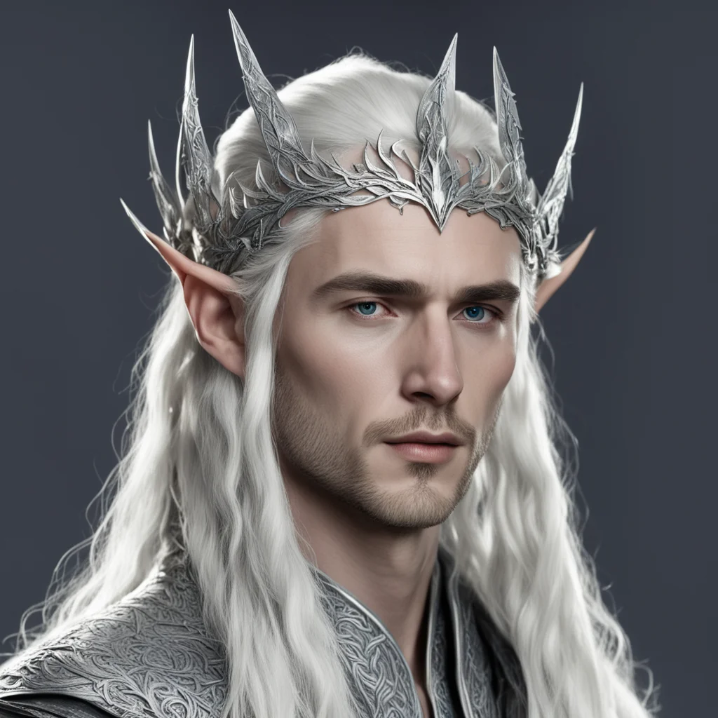 king thranduil with braids with silver elvish circlet with silver leaves and diamons