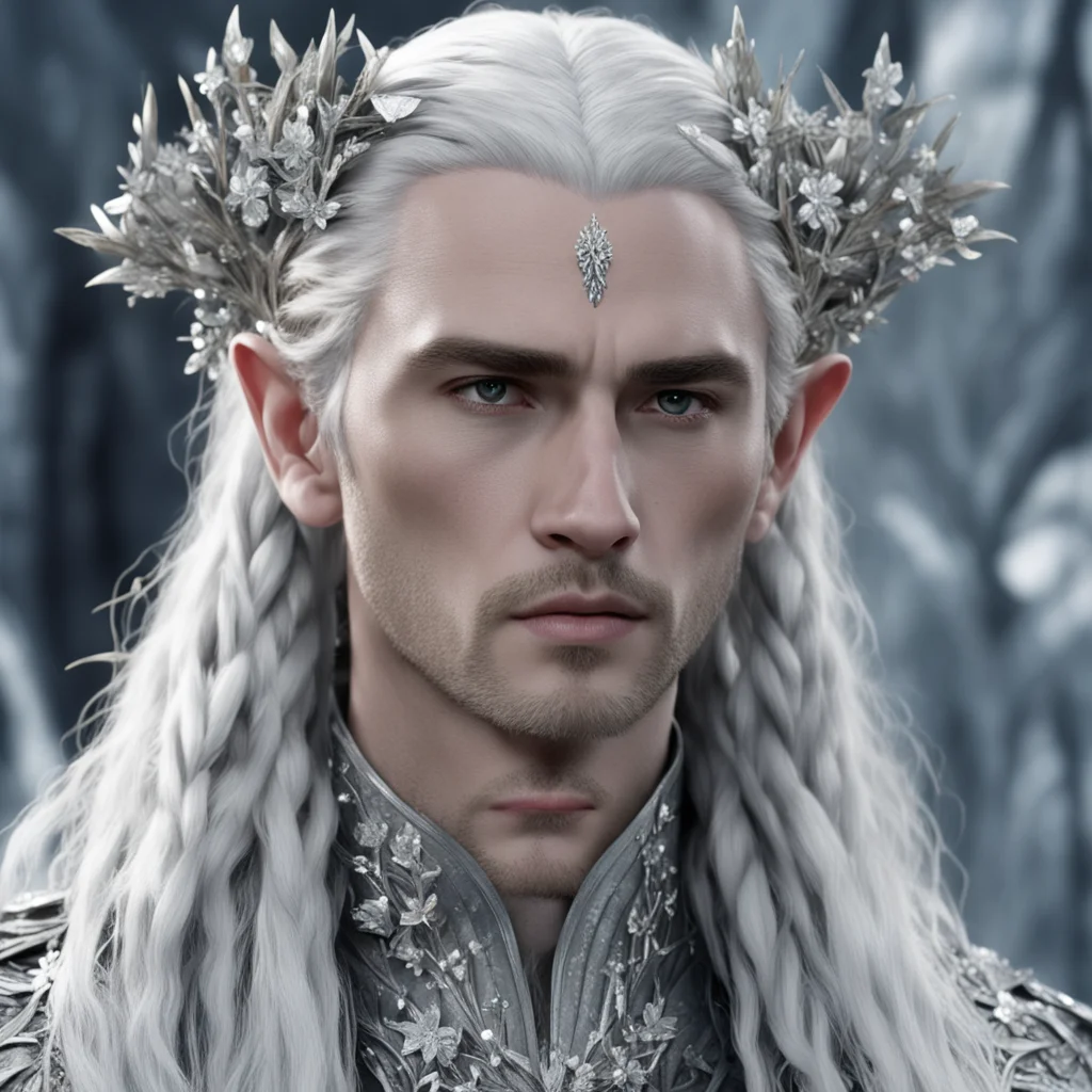 king thranduil with silver hair and braids wearing silver twigs and silver flowers encrusted with diamonds with large center diamond amazing awesome portrait 2