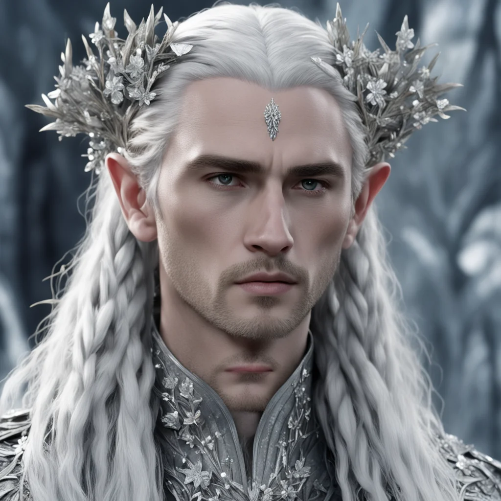 aiking thranduil with silver hair and braids wearing silver twigs and silver flowers encrusted with diamonds with large center diamond amazing awesome portrait 2