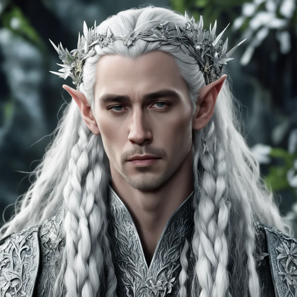 aiking thranduil with silver hair and braids wearing silver twigs and silver flowers encrusted with diamonds with large center diamond
