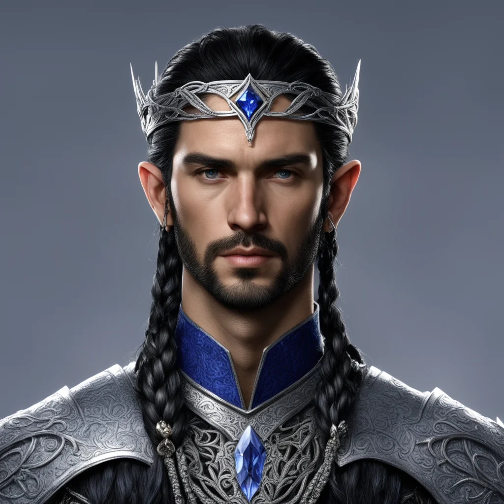 aiking turgon with black hair no beard with braids wearing small silver elvish circlet with sapphires and diamonds confident engaging wow artstation art 3