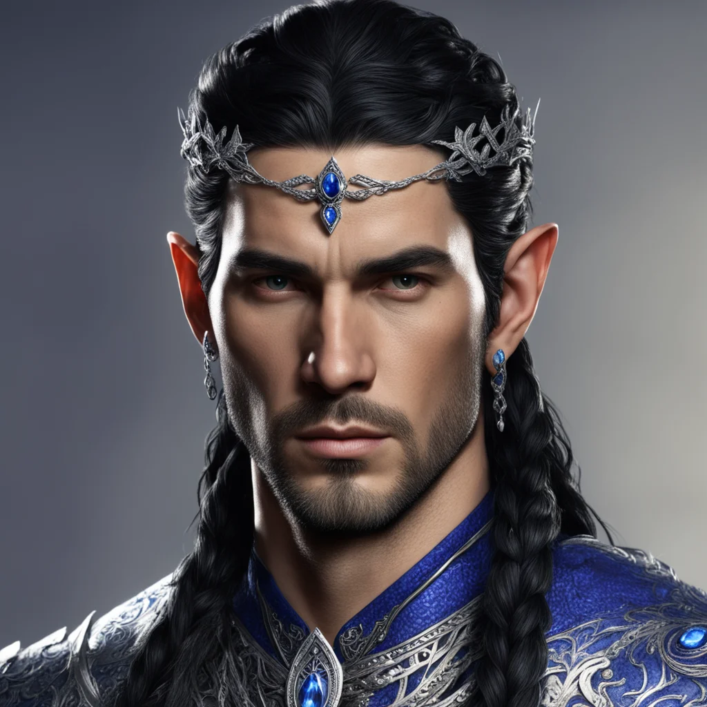 aiking turgon with black hair no beard with braids wearing small silver elvish circlet with sapphires and diamonds good looking trending fantastic 1