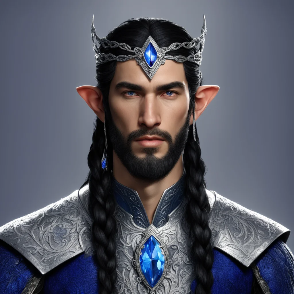aiking turgon with black hair no beard with braids wearing small silver elvish circlet with sapphires and diamonds