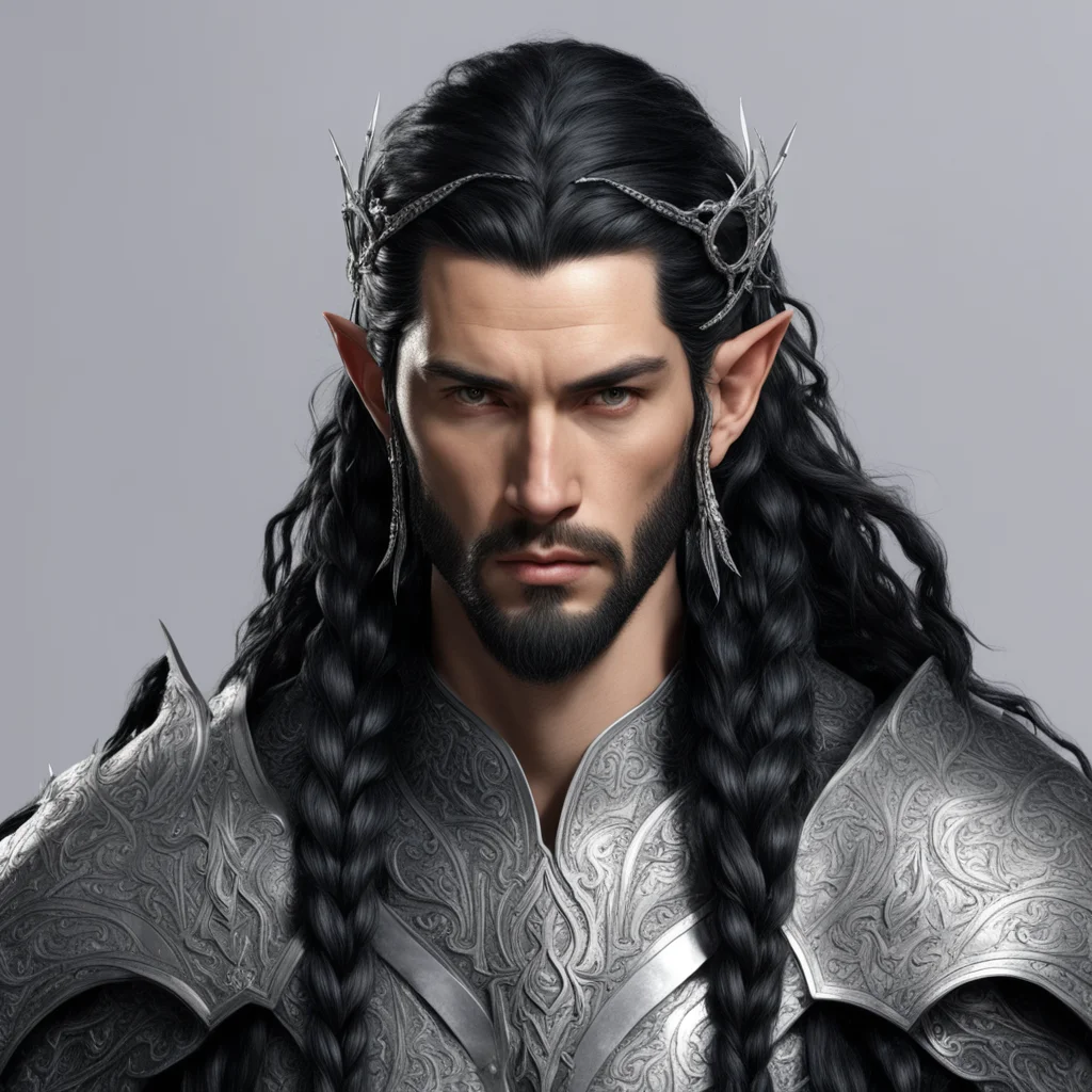 king turgon with black hair with braids wearing silver elven circlet with silver elven hair forks with diamonds amazing awesome portrait 2