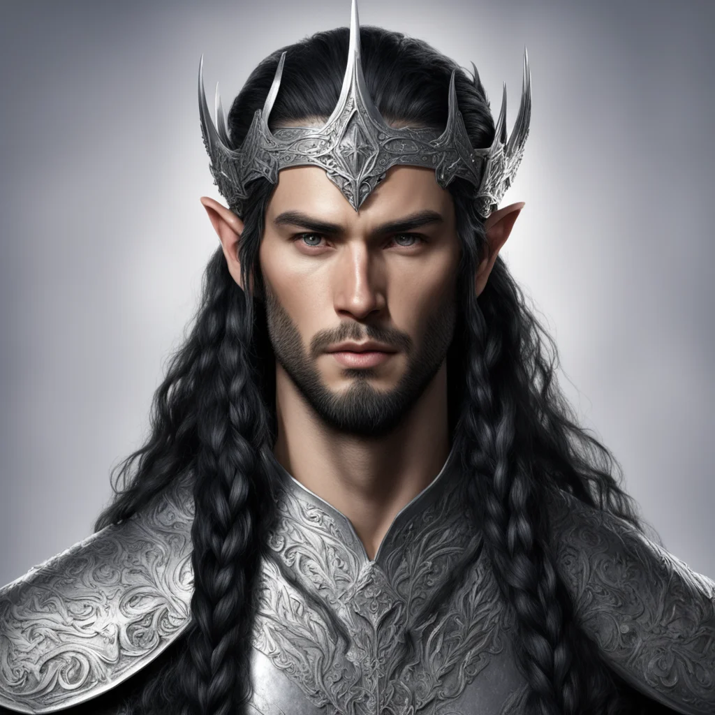 king turgon with black hair with braids wearing silver elven circlet with silver elven hair forks with diamonds confident engaging wow artstation art 3