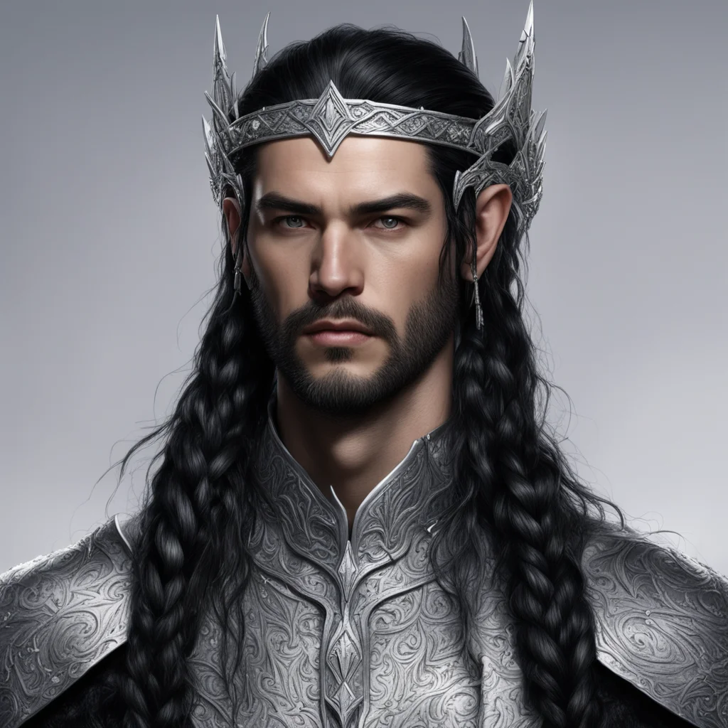 king turgon with black hair with braids wearing silver elven circlet with silver elven hair forks with diamonds good looking trending fantastic 1