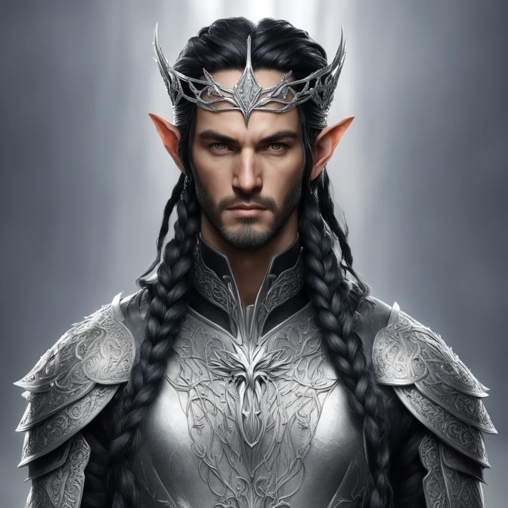 aiking turgon with black hair with braids wearing silver elven circlet with silver elven hair forks with diamonds
