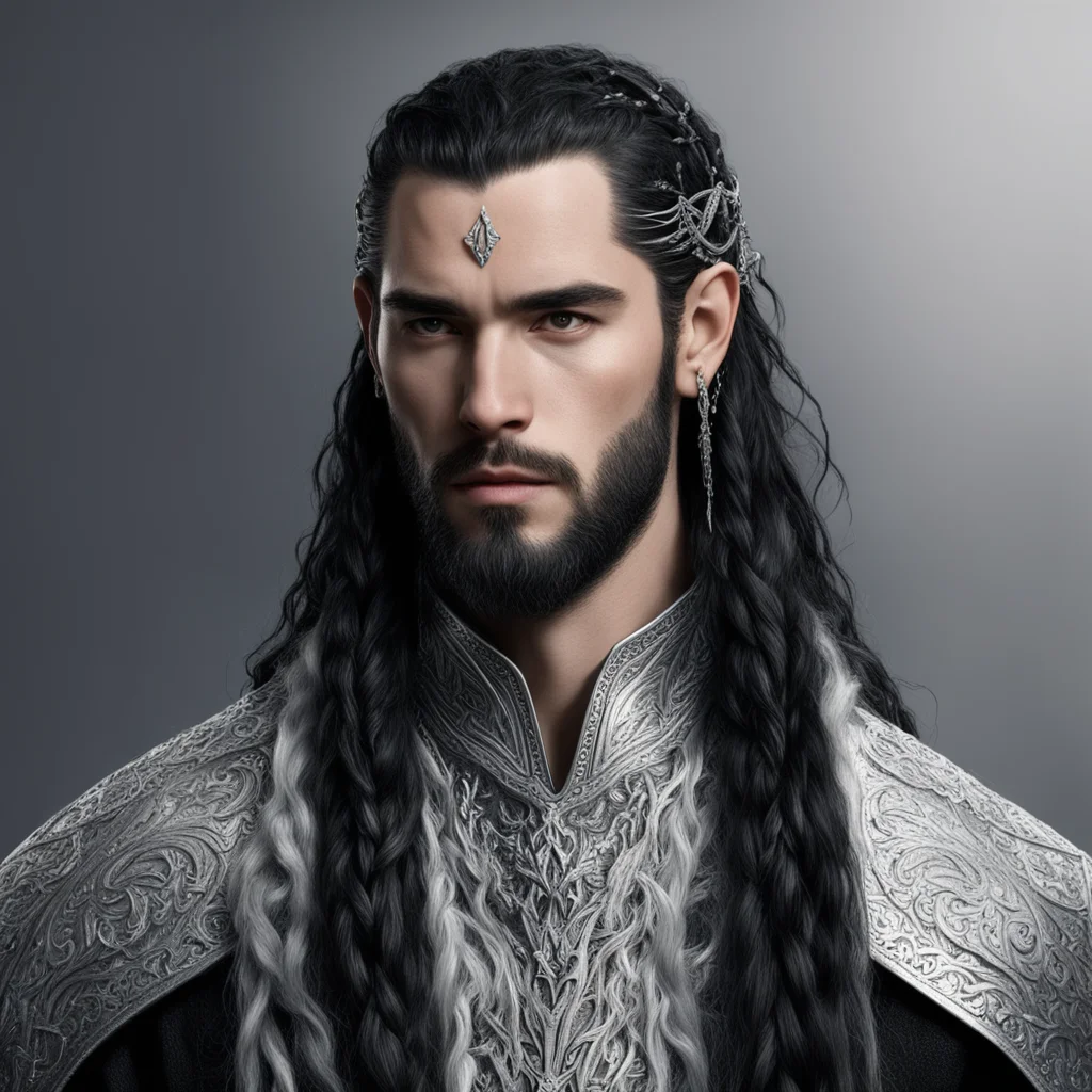 aiking turgon with black hair with braids wearing silver noldor elvish hair forks with diamonds  amazing awesome portrait 2