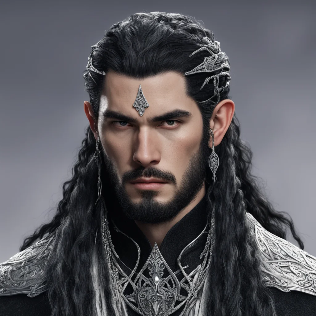 king turgon with black hair with braids wearing silver noldor elvish hair forks with diamonds  good looking trending fantastic 1