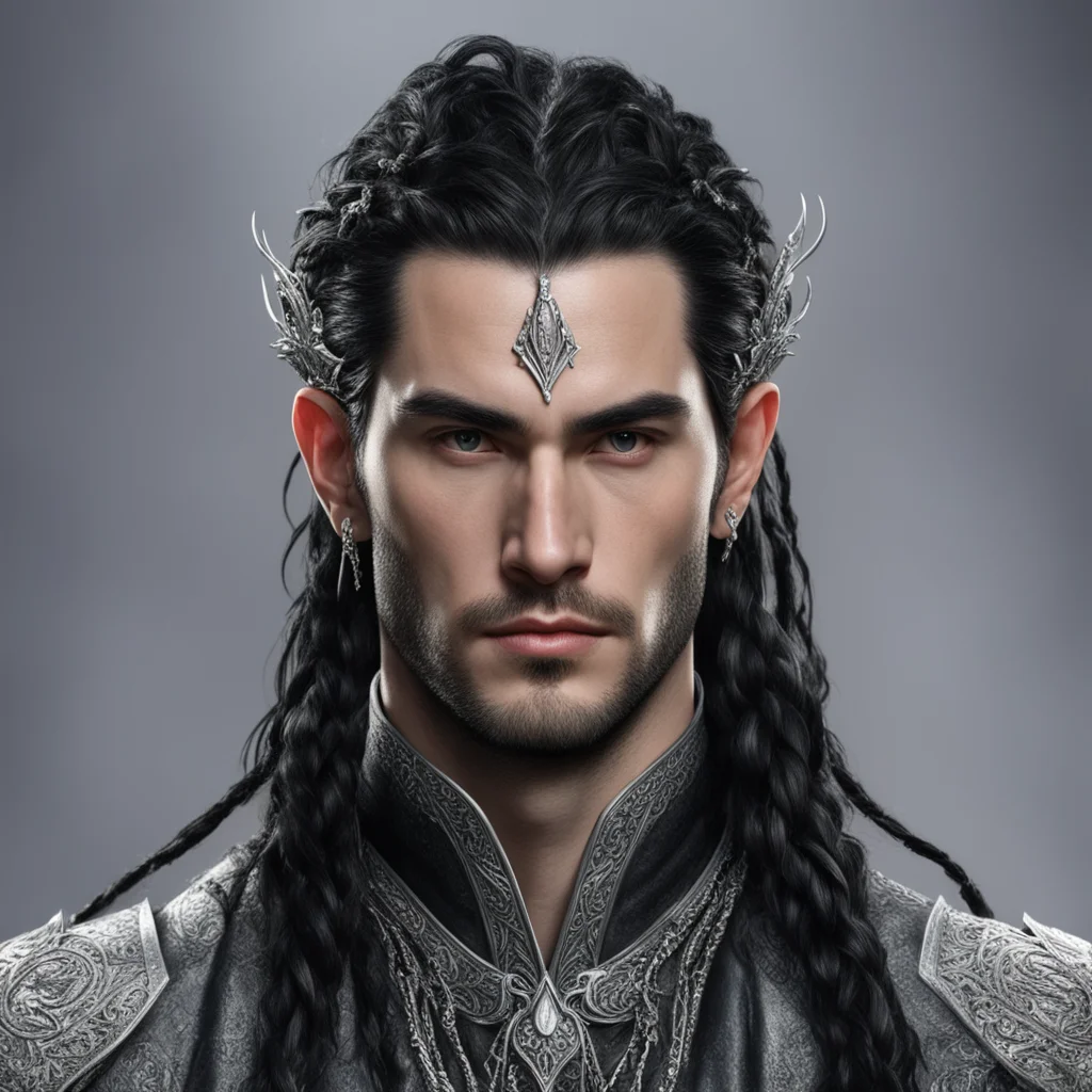 aiking turgon with black hair with braids wearing silver noldor elvish hair forks with diamonds 