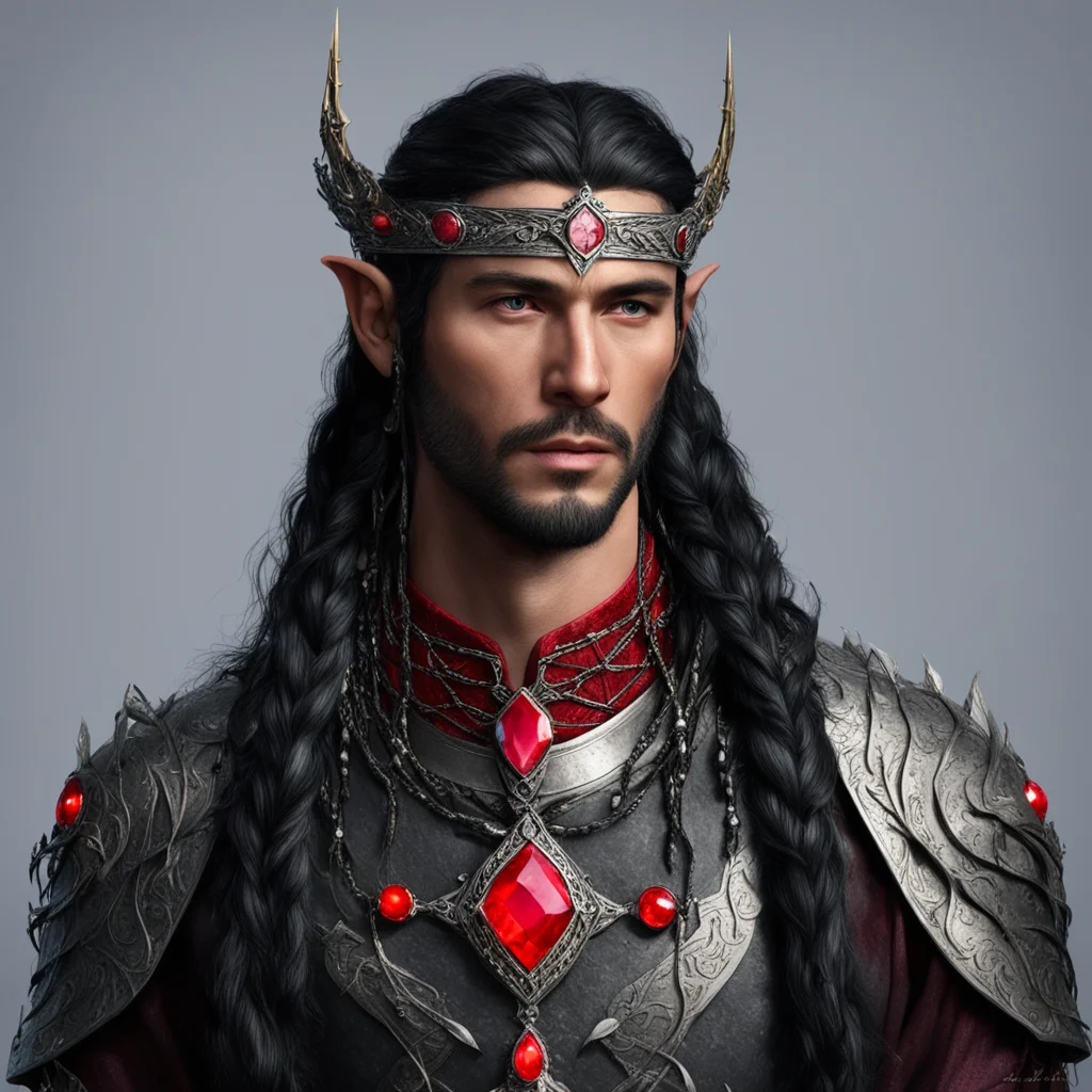king turgon with black hair with braids wearing small elvish coronet with rubies and diamonds amazing awesome portrait 2
