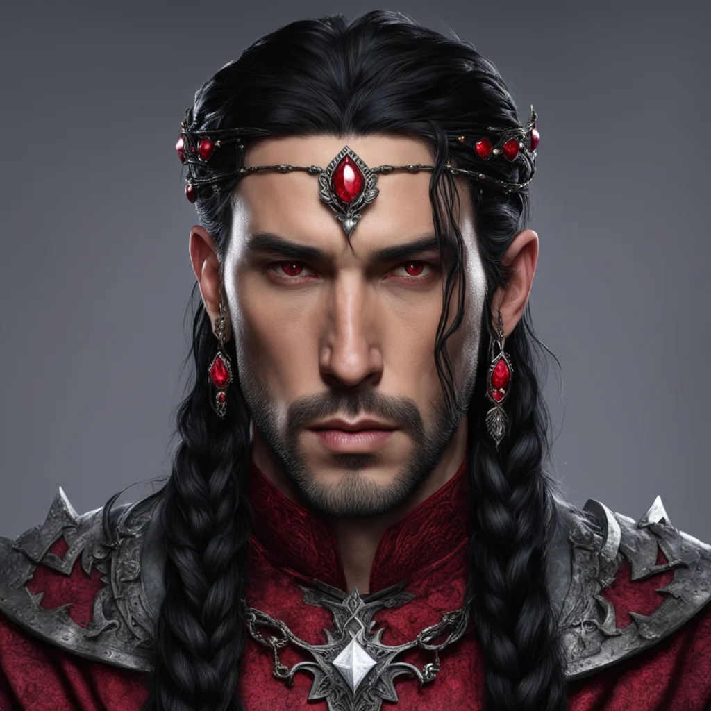 king turgon with black hair with braids wearing small elvish coronet with rubies and diamonds confident engaging wow artstation art 3