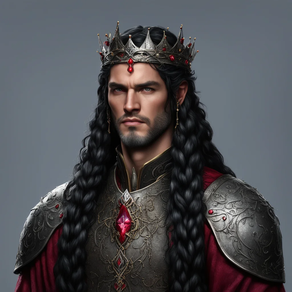 king turgon with black hair with braids wearing small elvish coronet with rubies and diamonds good looking trending fantastic 1