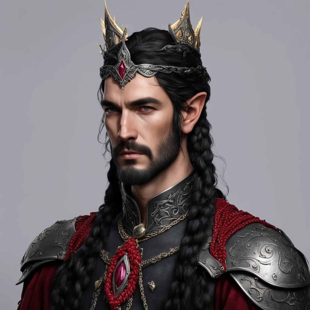 king turgon with black hair with braids wearing small elvish coronet with rubies and diamonds