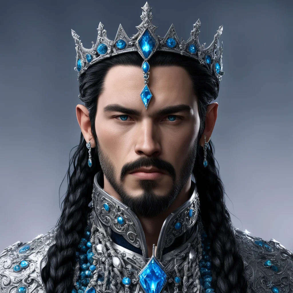 king turgon with black hair with braids wearing small silver elvish coronet with blue diamonds amazing awesome portrait 2