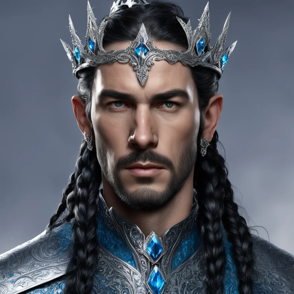 king turgon with black hair with braids wearing small silver elvish coronet with blue diamonds confident engaging wow artstation art 3