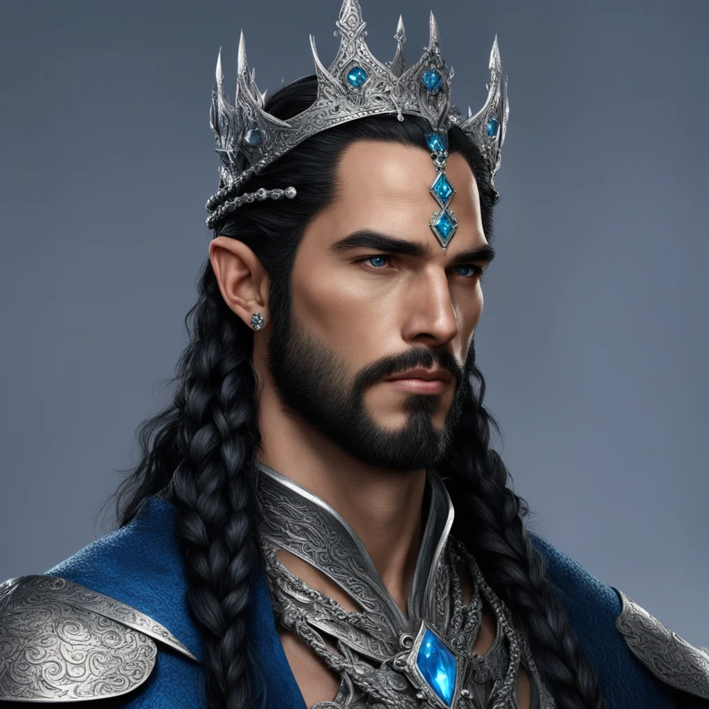 king turgon with black hair with braids wearing small silver elvish coronet with blue diamonds good looking trending fantastic 1