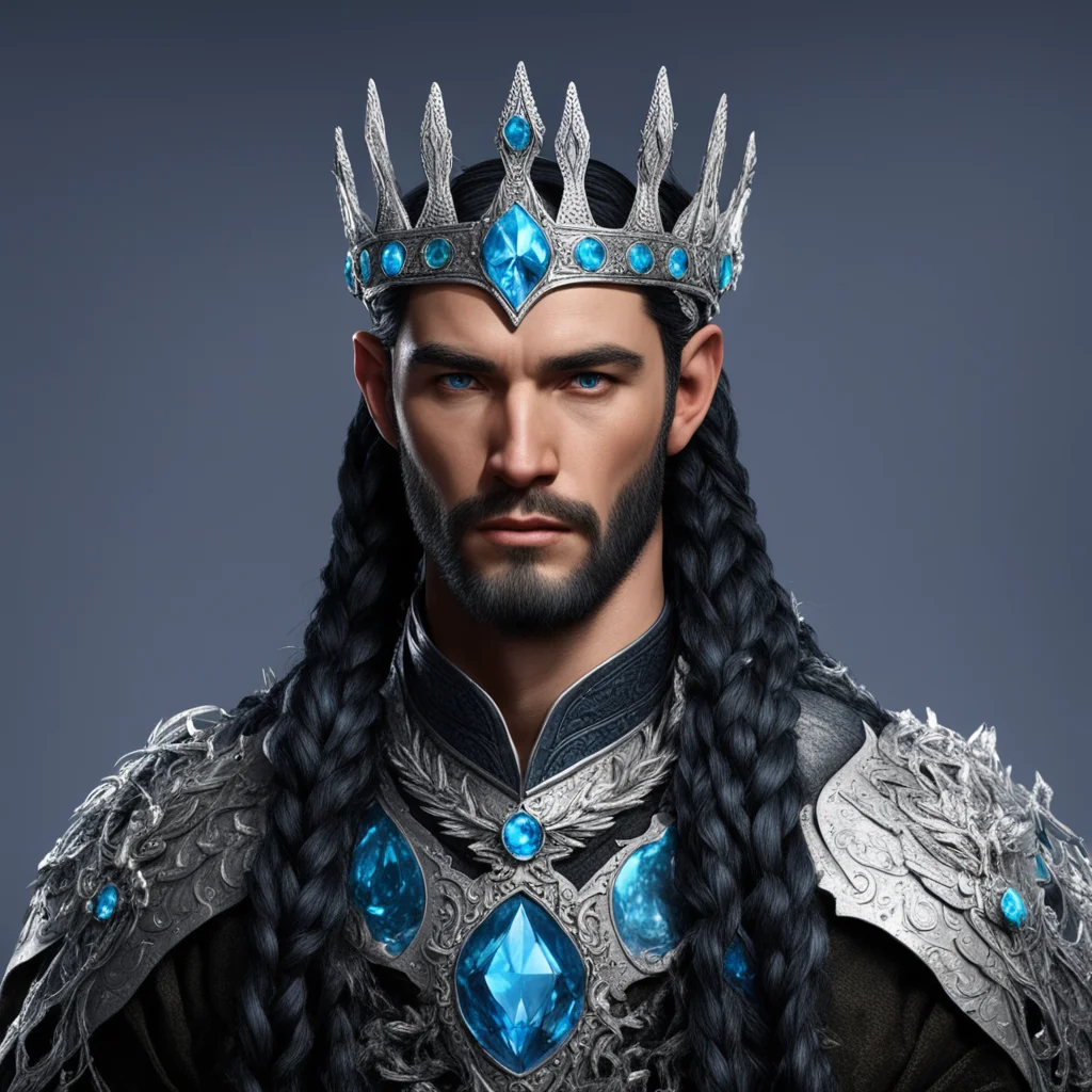 king turgon with black hair with braids wearing small silver elvish coronet with blue diamonds