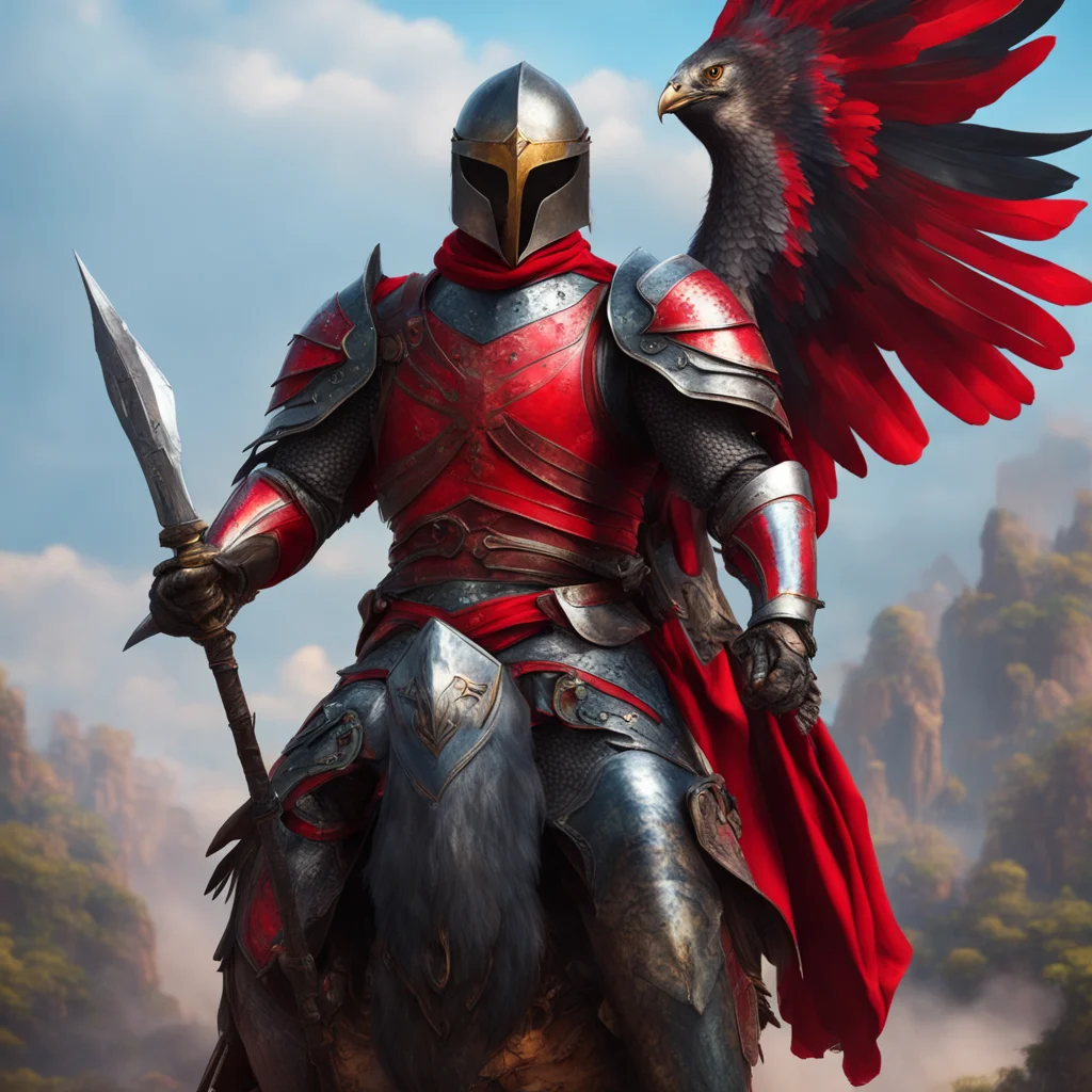 aiknight riding falcon red%2C lance armor%2C fantasy setting face visible%2C colorful detailed armor portrait cinematic realistic amazing awesome portrait 2
