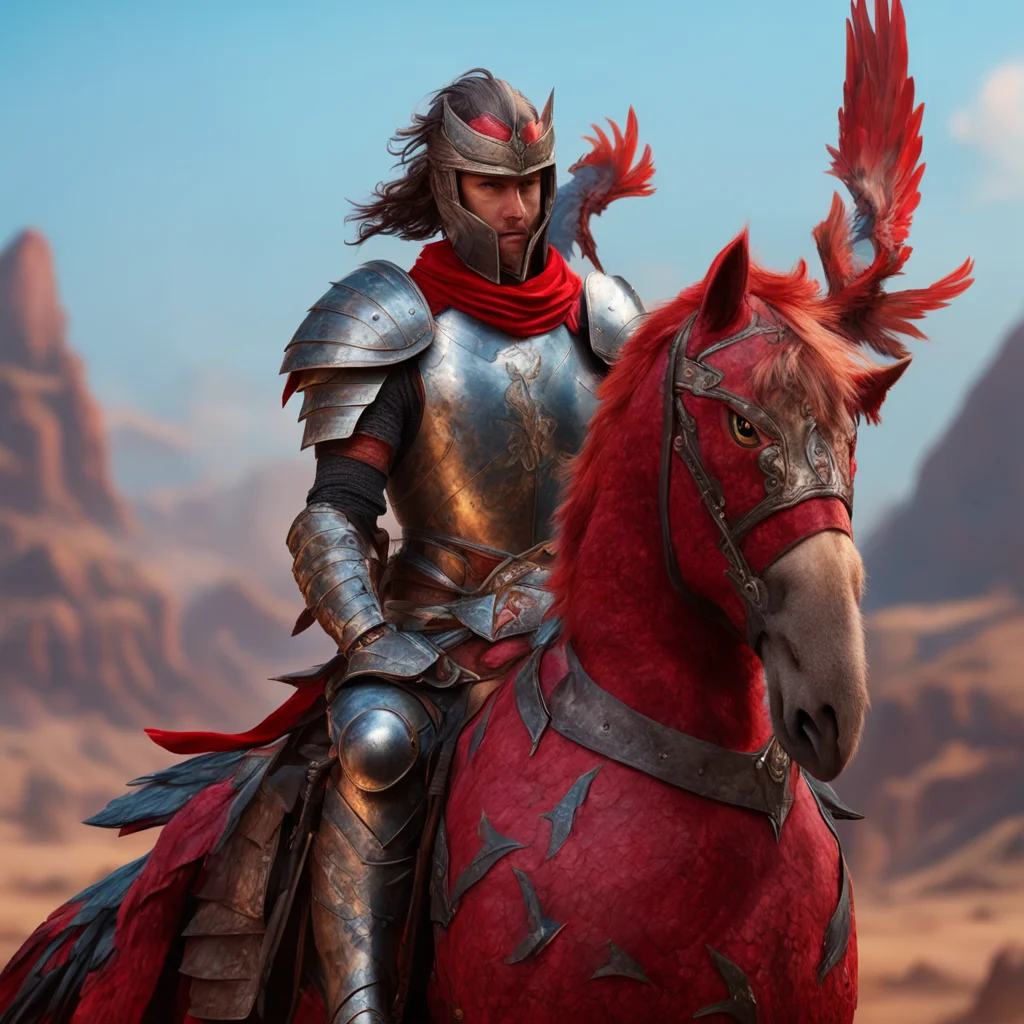 aiknight riding falcon red%2C lance armor%2C fantasy setting face visible%2C colorful detailed armor portrait cinematic realistic confident engaging wow artstation art 3