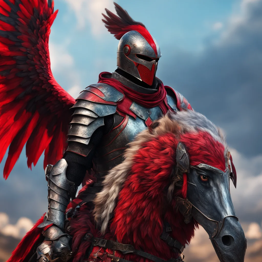 aiknight riding falcon red%2C lance armor%2C fantasy setting face visible%2C colorful detailed armor portrait cinematic realistic