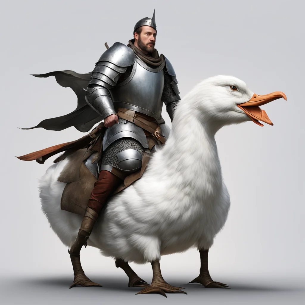 aiknight riding giant goose%2C lance armor%2C friendly masculing face%2C large white goose portrait cinematic realistic amazing awesome portrait 2