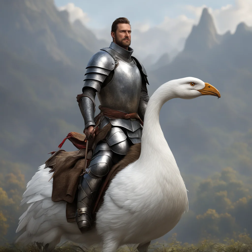 aiknight riding giant goose%2C lance armor%2C friendly masculing face%2C large white goose portrait cinematic realistic confident engaging wow artstation art 3