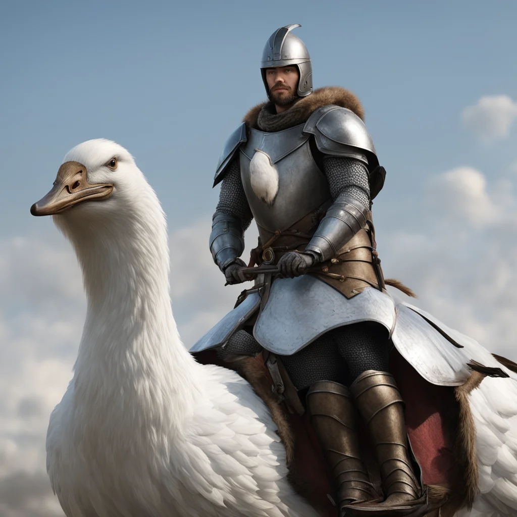 aiknight riding giant goose%2C lance armor%2C friendly masculing face%2C large white goose portrait cinematic realistic good looking trending fantastic 1